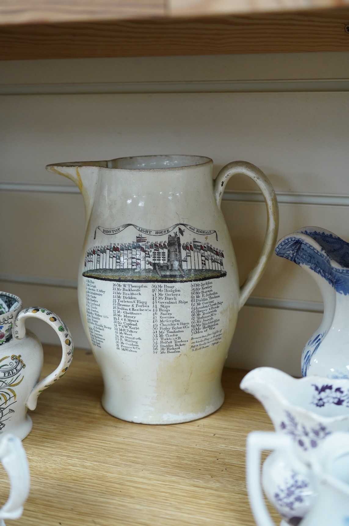 Eleven early to mid 19th century jugs, mugs and plates, all with transfer printed commemorative themes including Gladstone as Prime Minister, Queen Victoria‘s 1887 Jubilee, the Bidston Lighthouse Signals, Lord John Russe